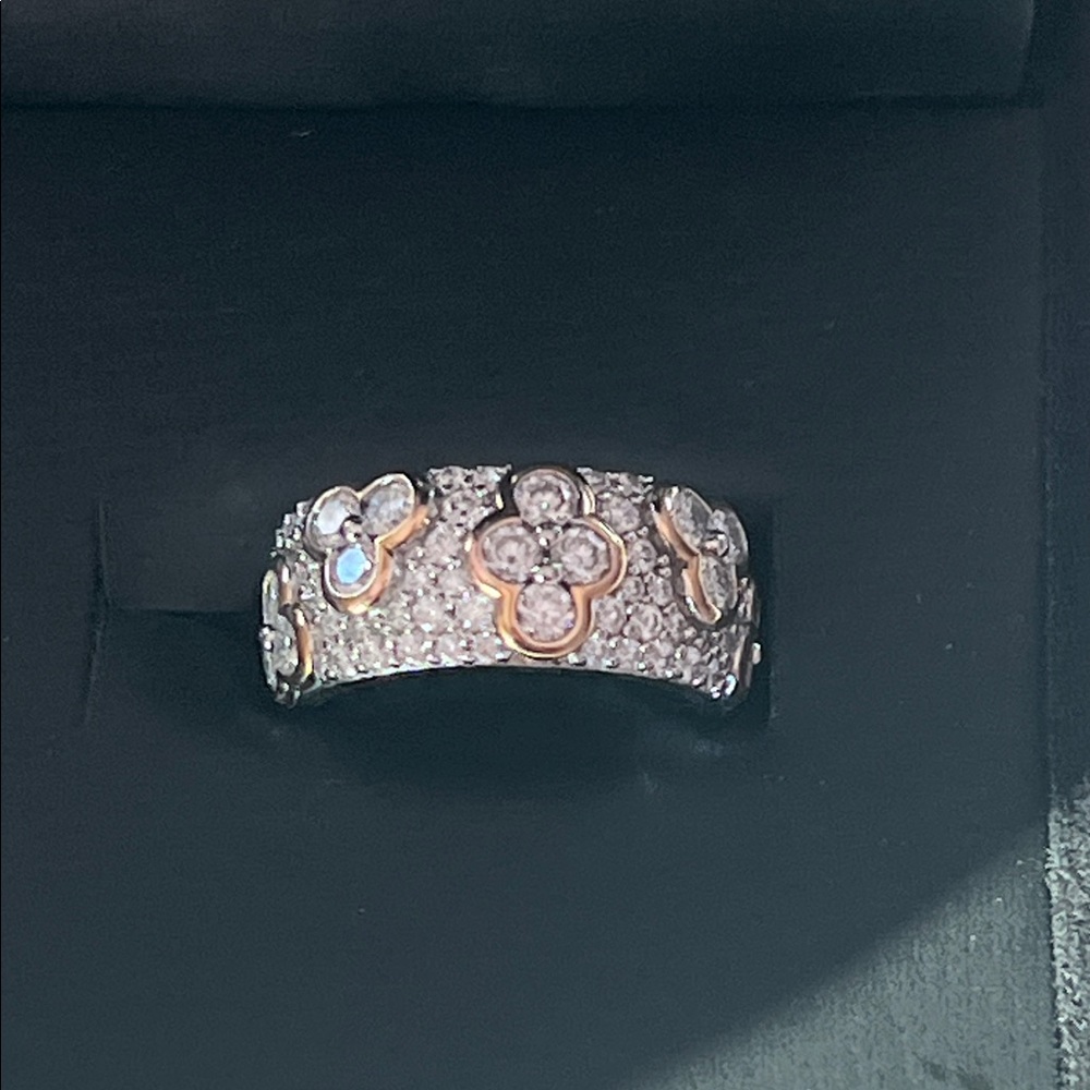 Silver and Rose Gold Floral Pavé Dome Ring, gently worn, sz 6